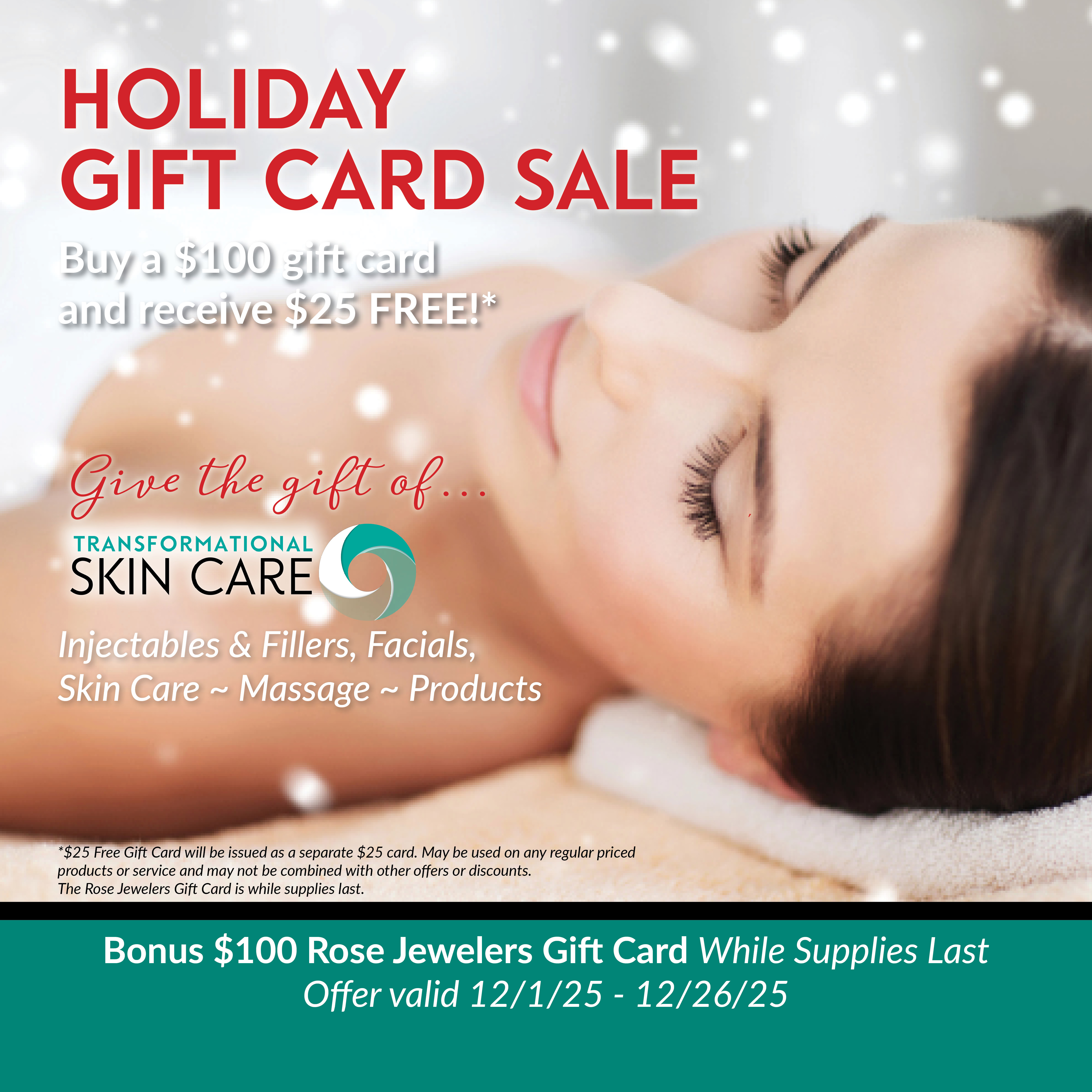 Our Holiday Gift Card Sale starts 11/21/24 - Click this image to purchase $100 gift cards and receive two $25 gift cards for FREE.