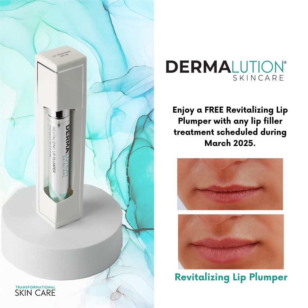 Enjoy a free Dermalution revitalizing lip plumper with a lip filler appointment scheduled during March 2025.